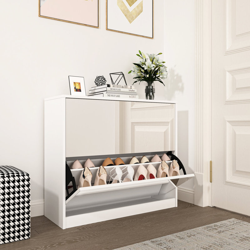 Armoire à chaussures à 2 niveaux pour la chambre à coucher et le vestibule, capacité de 18 paires, porte rabattable, panneaux mobiles, blanc et verre, chambre à coucher pratique à assembler au sous-sol, simple