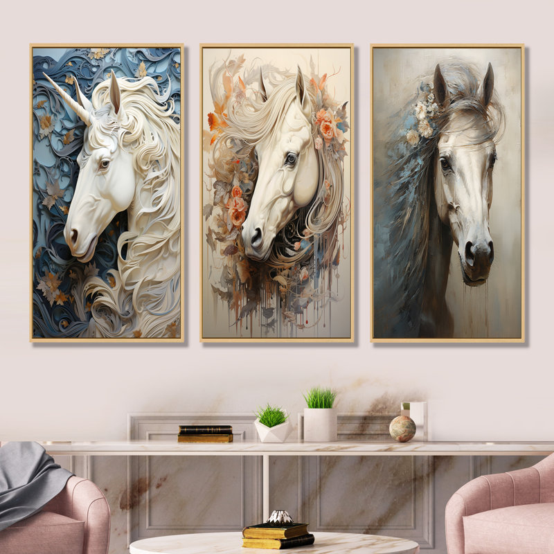 Minimalisme licornes - ensemble de 4 reproductions d'art sur toile, Cadre flottant brun, H 28 po x l 36 po