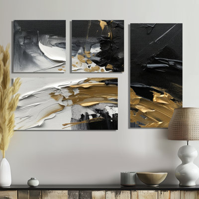 Exquise Darling Gold, vague abstraite sur fond noir I - décoration murale moderne dorée 4 pièces