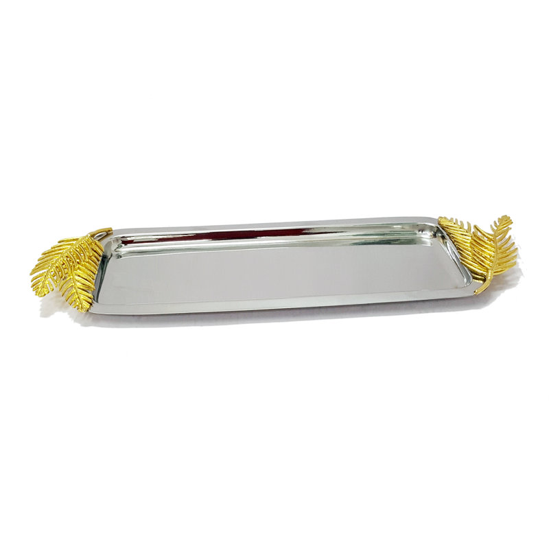 Plateau rectangulaire avec fougère dorée: 15 x 6 po