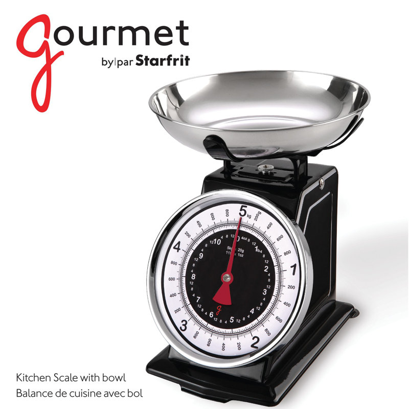 Retro Black and Silver Mechanical Kitchen Scale with Stainless Steel Bowl
