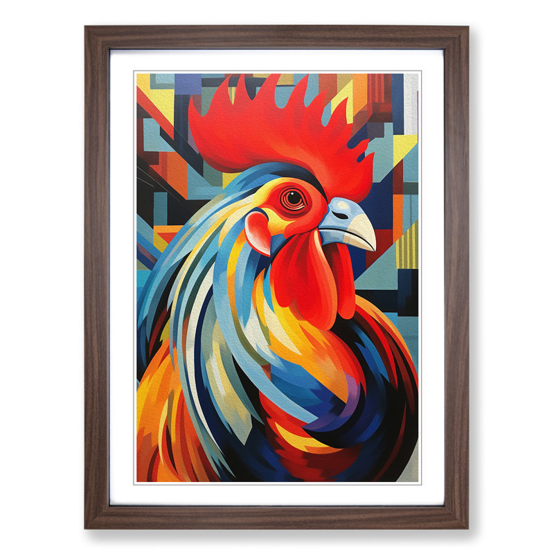 Rooster Constructivism - Single Picture Frame Print on Wood, 46cm H x 34cm W x 2cm D, Walnut