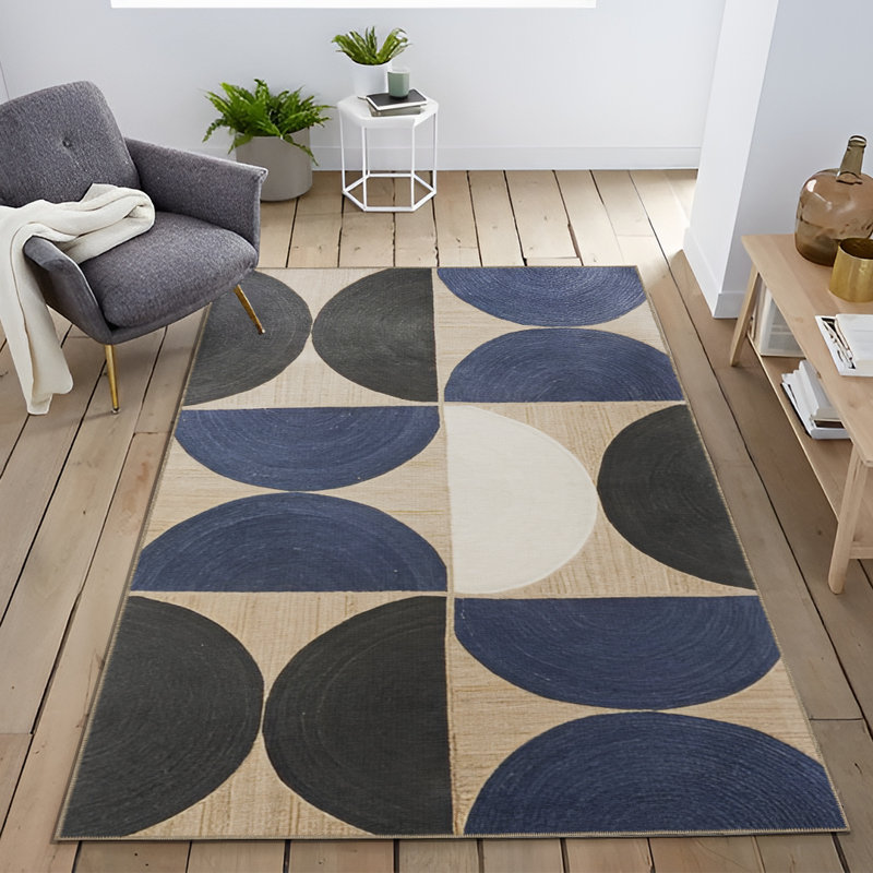 Tapis décoratif à motif géométrique bleu et noir, Rectangle 3 pi 11,24 po x 5 pi 10,87 po