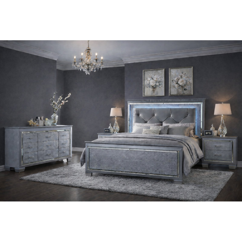 Ensemble de chambre à coucher de luxe à panneau tapissier à DEL avec motif capitonné en argent, 4 pièces, Grand lit