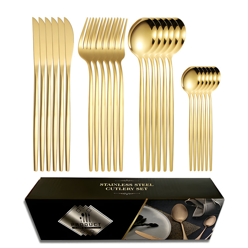 Ensemble de couverts 24 pièces en acier inoxydable pour 6 personnes, comprenant couteaux, fourchettes, cuillères et cuillères à thé, boîte-cadeau élégante pour ustensiles de salle à manger
