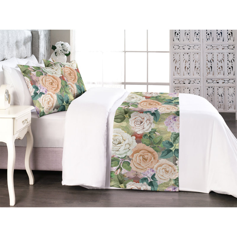 Ensemble de chemin de lit Ambesonne Floral Design Nostalgic Rose Art Peacock Green Champagne, Très grand