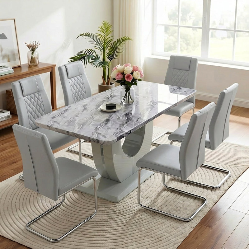 Ensemble repas 7 pièces Kimara, Gris clair, 7 pièces : table, 6 chaises