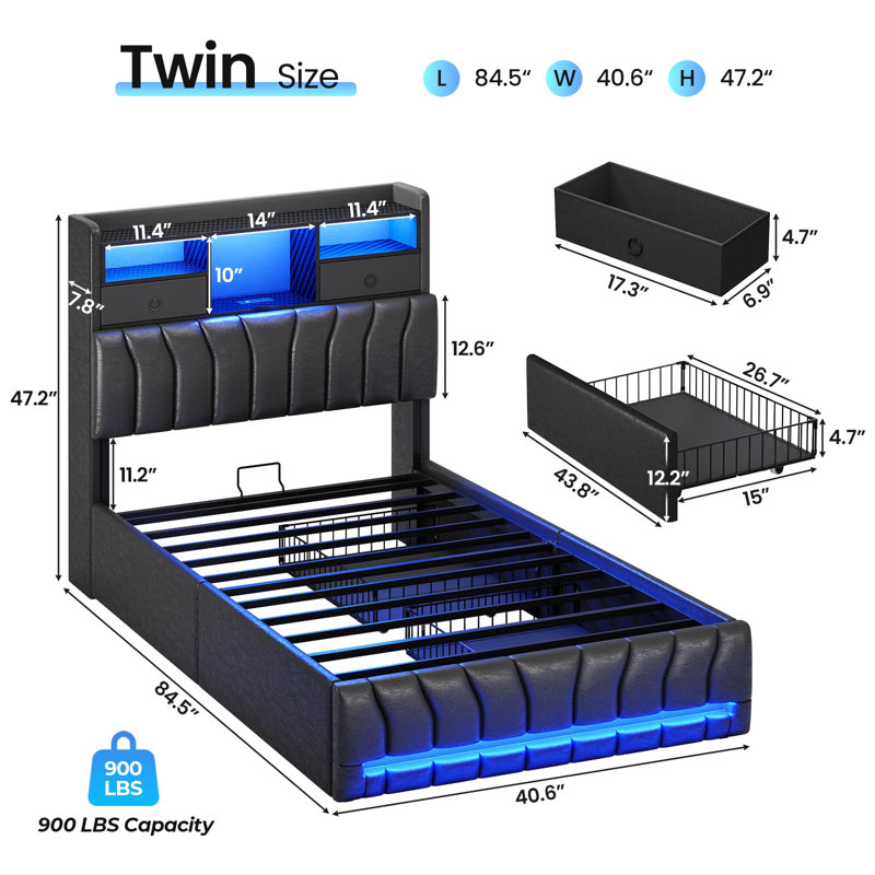 Twin Bedroom Bed Frame With Hidden Storage Headboard And Two Large Drawers; Gaming Bed With Rgb Lighting And Charging Station; Leather Upholstered Platform Bed; E-sports Style Bed; No Spring Mattress Required; Black.
