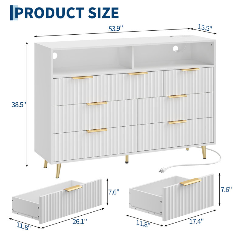 Commode 7 tiroirs pour chambre à coucher, commodes de 53,9 po de largeur - Tiroirs en bois cannelé avec poignée dorée, commode moderne pour le salon, blanc