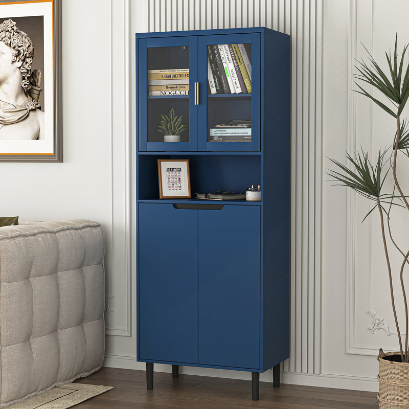 Tall Storage Show Cabinet With 2 Glass Display Door & 2 Doors, Tall Kitchen Pantry Cabinet, Blue