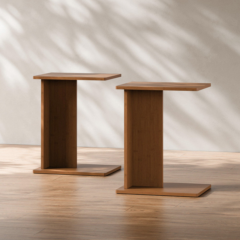  Solid Bamboo C-Shaped End Table Set of 2 for Couch and Sofa, Sustainable Mid-Century Modern Wood Side Table for Living Room or Bedroom, Tool-Free Assembly C Table Nightstand (Walnut)