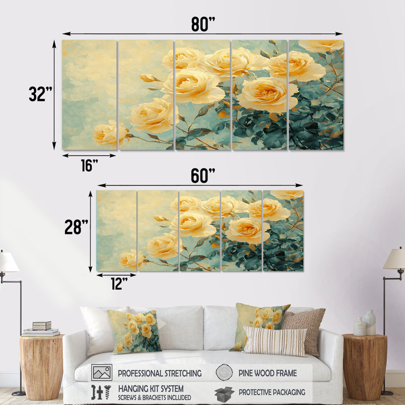 Sunlit Roses of Summer Bloom II - Roses, art mural - art mural moderne, ensemble d'art mural, H 28 po x l 60 po, 5