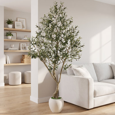 Faux olivier 7 pi avec pot à fleurs blanc, olive artificielle réaliste pour la maison et le bureau