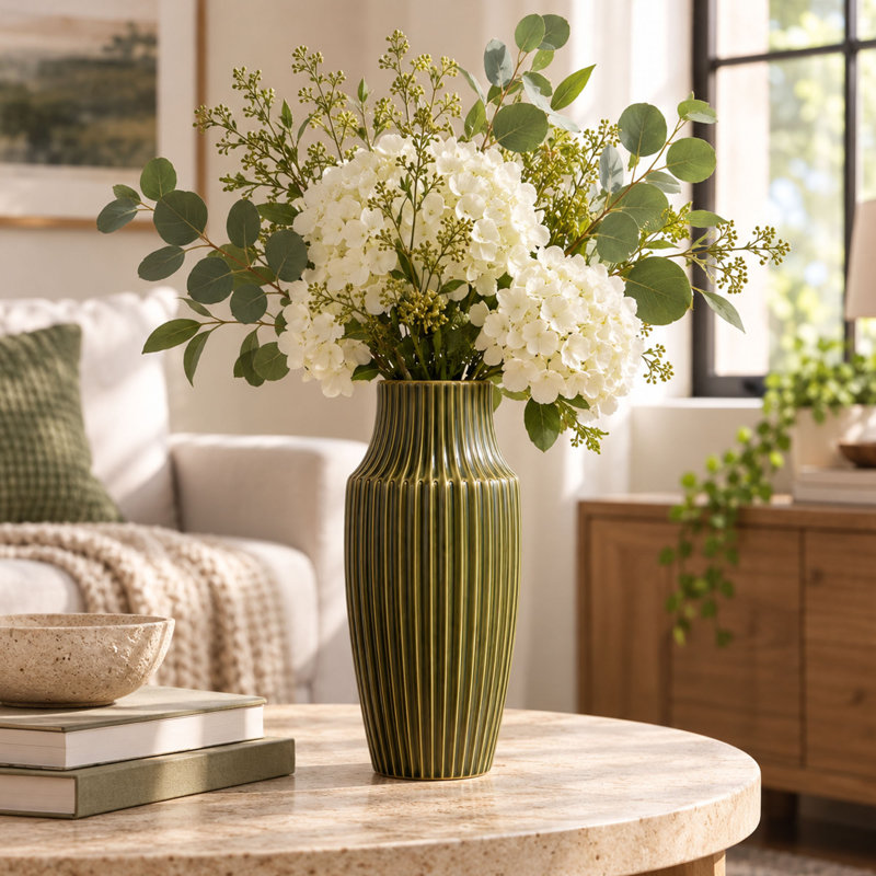 Vase à fleurs en céramique verte côtelée de 30 cm (12 pouces) pour la décoration intérieure et les centres de table