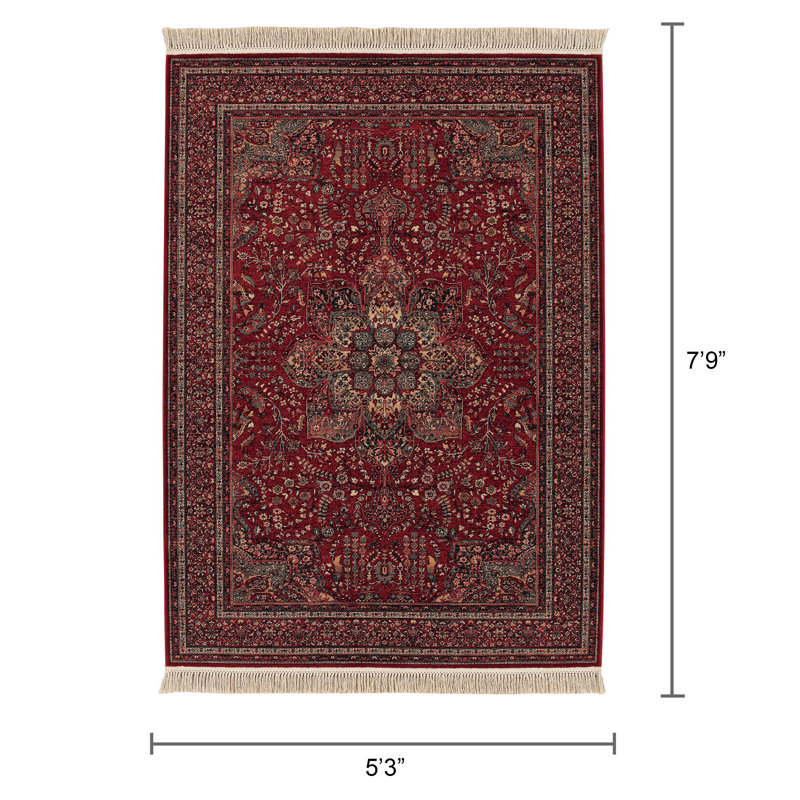 Tapis oriental en laine à franges rouges Doughman, Rectangle 5 pi 3 po x 7 pi 9 po