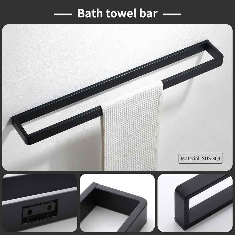 Bathroom Hardware Set 4-Piece Towel Bar Set Square Bathroom Accessories Kit Stainless Steel Wall Mounted, Matte Black