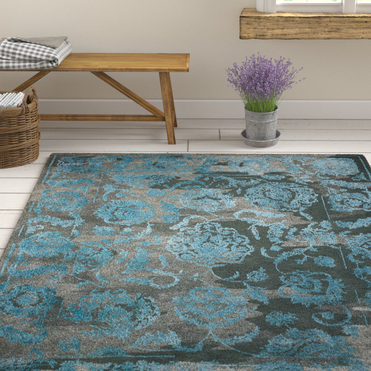 Tapis oriental gris anthracite / bleu en laine touffeté à la main Lennear