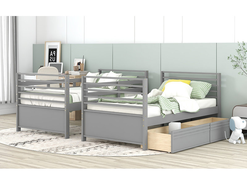 Lit superposé en bois avec deux tiroirs, Gris