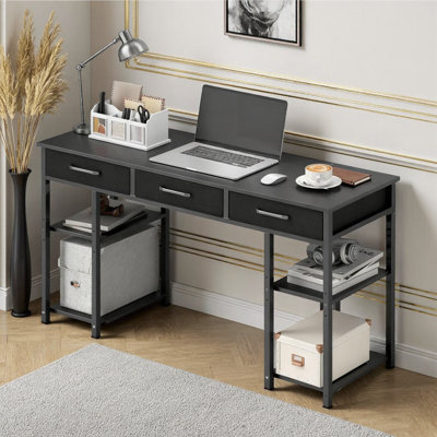 Bureau d'ordinateur noir avec 3 tiroirs en tissu et 4 tablettes réglables