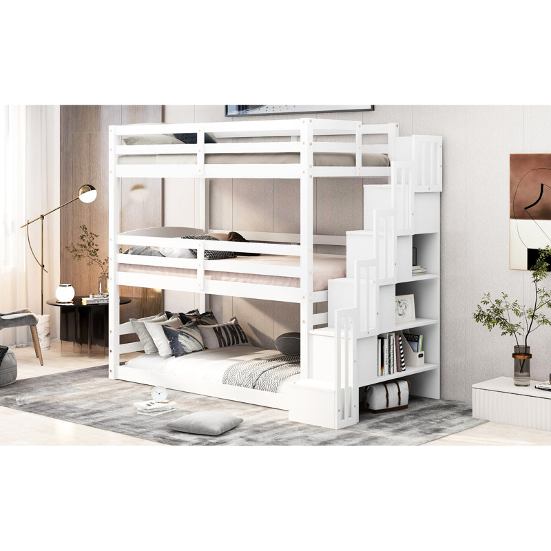 White Separate Model Triple Bunk Bed With Twin Size & Storage Facility In - Compartment Stable