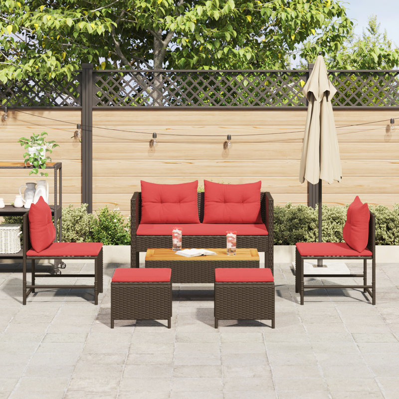 Ensemble de canapé de jardin vidaXL avec coussin 6 pièces en rotin de polyester brun et rouge, Rouge, Brun