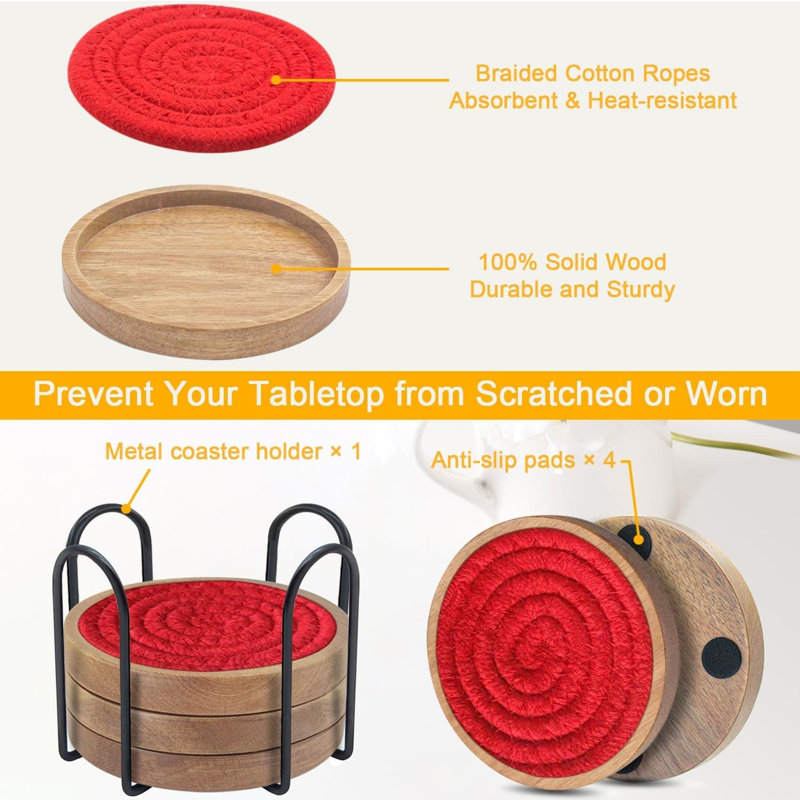 4" 5-Pack Absorbent Woven Wood Coasters - Farmhouse Coffee Table Decor, Red