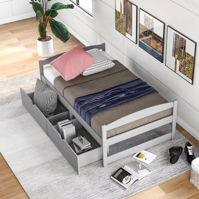 Platform Bed, With Two Drawers, Gray