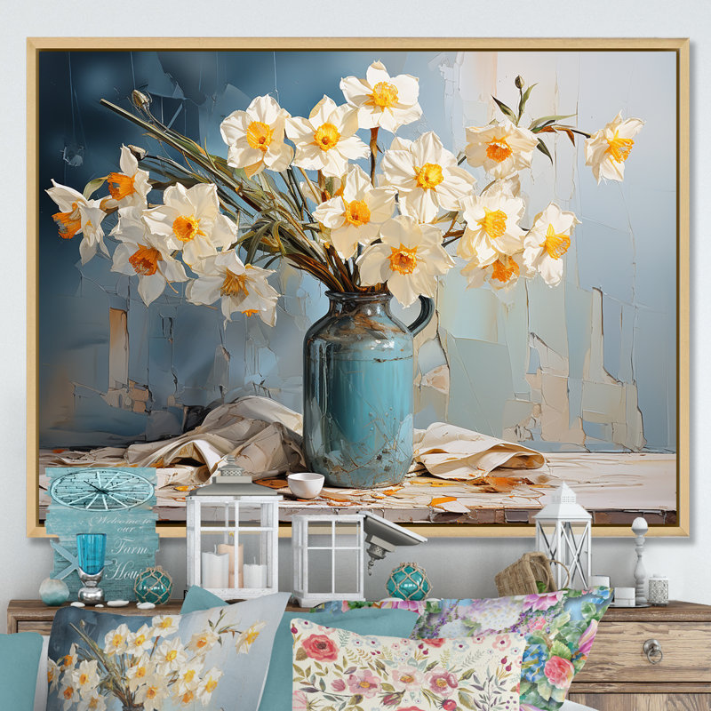 Daffodils Farmhouse Still Life I - Jonquilles, art mural, Cadre flottant brun, H 34 po x l 44 po x P 1,5 po