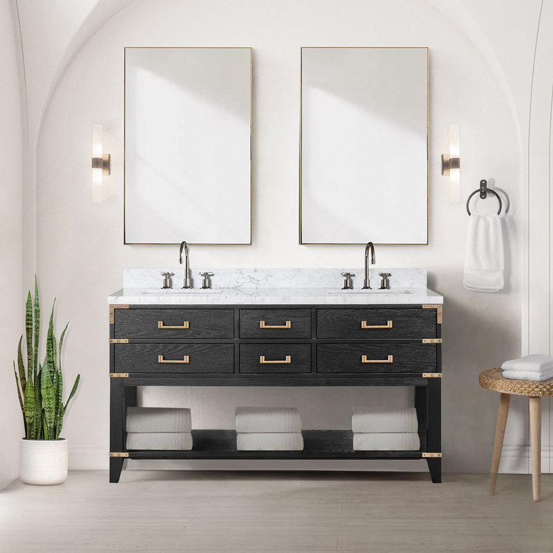 Meuble-lavabo double en chêne noir 60 po X P 22 po D, dessus en marbre de Carrare et ensemble de robinet