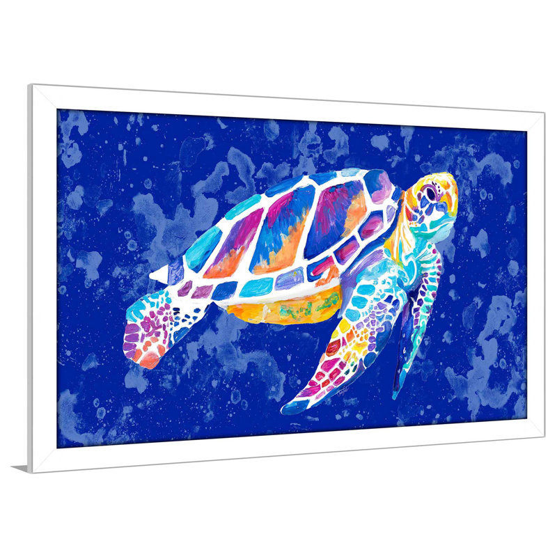 «Vibrant Blue Sea Turtle» par Chelsea Goodrich - reproduction, H 33,5 po x l 49,5 po x P 1 po, Cadre blanc