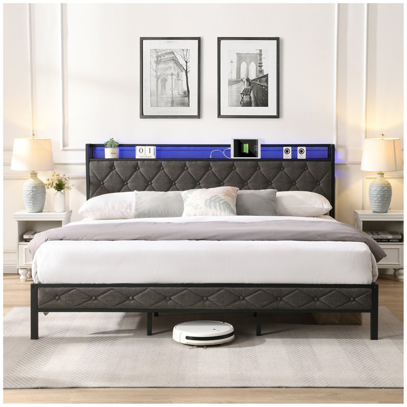 Mesum Fabric Upholstered Frame with LED Lights, King