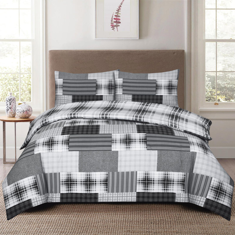 Duvet Cover Set with Pillowcases Cotton Rich Damask Pattern Bedding Soft Easy Care Wrinkle Resistant and Durable, Grey/Black