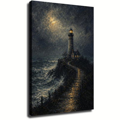 Lighthouse On Stormy Cliff Under Full Moon Dark Moody Painting, Gothic Seascape Canvas Wall Art For Room Decor