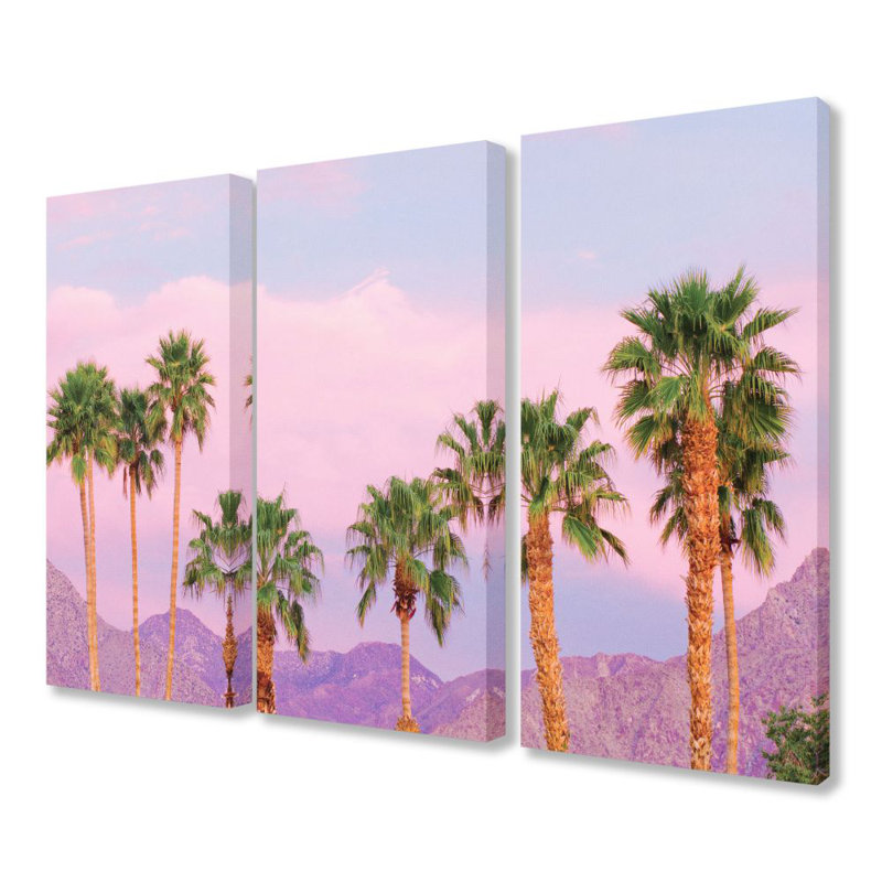 «California Fan Palms and Mountain Range Triptych», reproduction de photo sur toile tendue 3 pièces, H 16 po x l 72 po