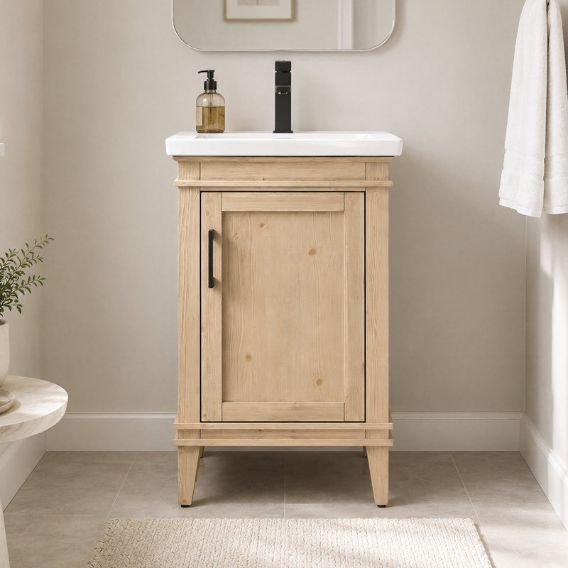 Reynaldo 20'' Freestanding Single Bathroom Vanity with Ceramic Top, Teak White Rustic
