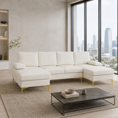 Ensemble canapé d'angle en U 3 pièces en tissu moelleux, blanc cassé