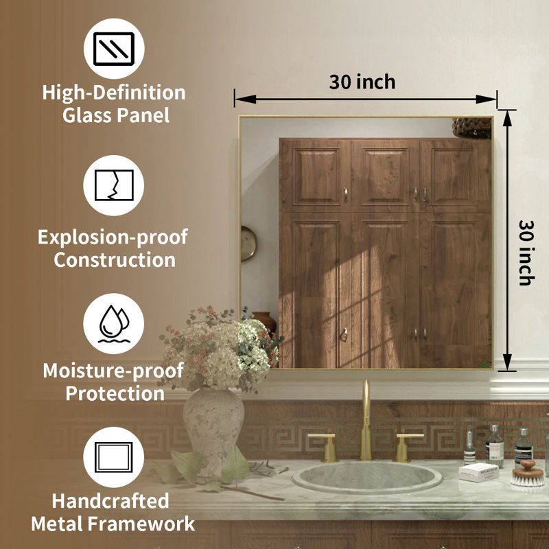 30 in. W x 30 in. H  Rectangular Framed Wall Bathroom Vanity Mirror in Brushed Gold, 30" x 30", Brushed Gold