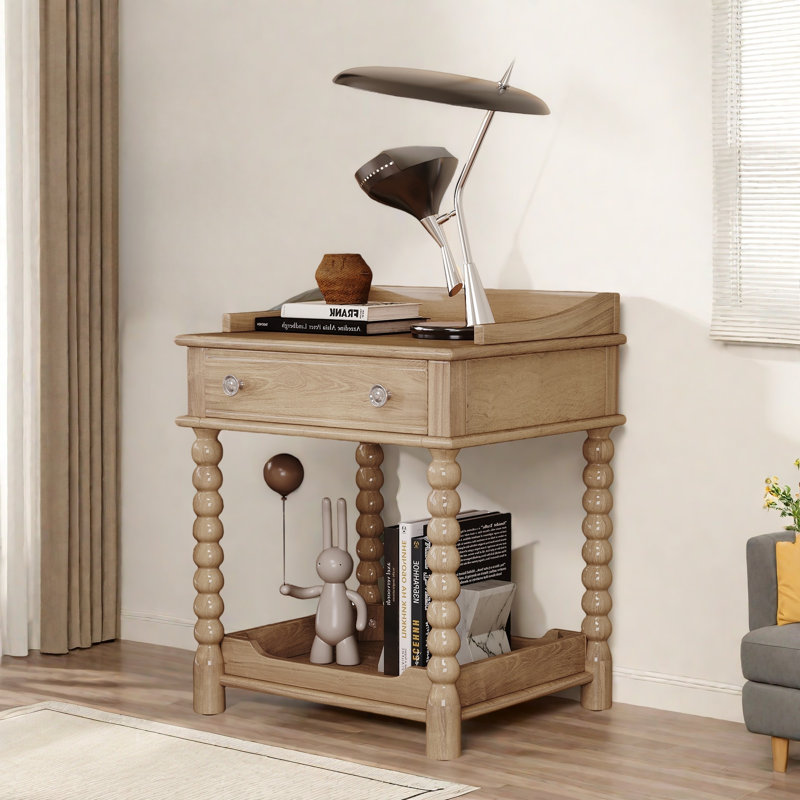 Retro Style Nightstand With 1 Drawer, An Open Shelf, Turned Legs And Metal Handles