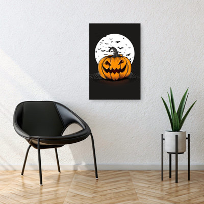 Tableau abstrait contemporain représentant une citrouille d'Halloween au clair de lune, une chauve-souris et une araignée, paysage d'automne
