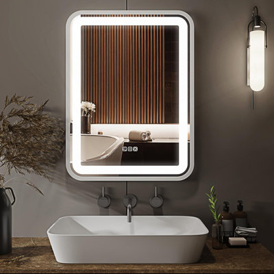 Miroir de salle de bain pour salle de bain avec lumière pour mur Miroir de maquillage 32 x 24 à cadre intelligent pour dessus de lavabo à intensité variable et fonction mémoire de température anti-buée verticale et horizontale