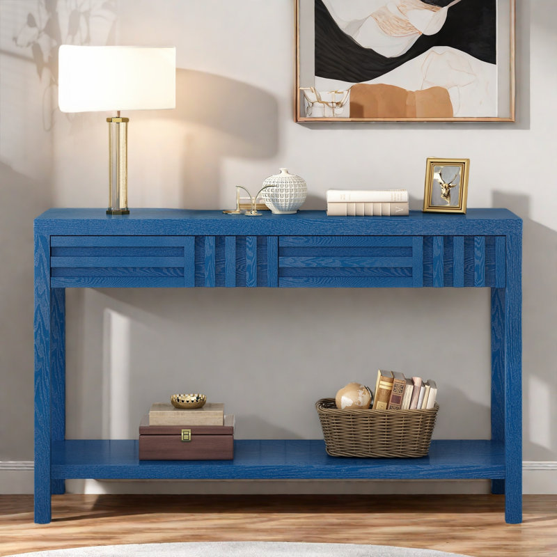 Modern Console Table With Striped Design, 2 Drawers And 2-tier Design, Navy