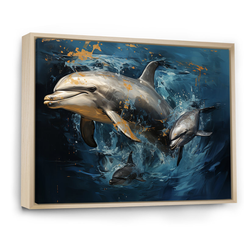 Blue Dancing Dolphines IV - impressions sur toile de dauphins, Cadre flottant brun, H 30 po x l 40 po x P 1,5 po