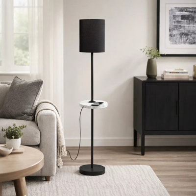 Lampe sur pied Nipo avec port USB, métal noir mince de 62 pouces, tablette blanche
