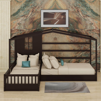 Lit en bois, structure en L massif avec clôture et structure à lattes pour un soutien robuste et une conception élégante