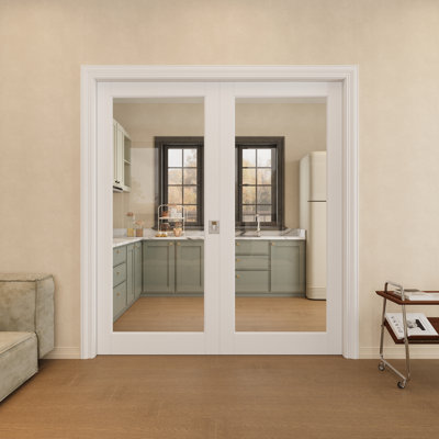 Porte à deux poches en verre transparent de 72 po x 80 po avec serrure argentée, plaque de porte en verre de sécurité trempé transparent, pouvant être peinte et imperméable, combinaison pour garde-robe, portes de garde-manger, portes de chambre à coucher