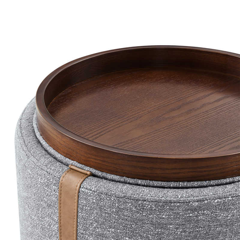 Jamil 20.47" Upholstered Round Storage Ottoman with Removable Wooden Tray Top, Gray