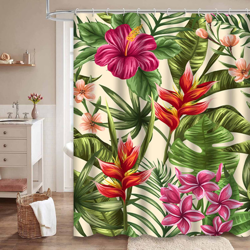 Rideau de douche imperméable à motif floral avec hibiscus tropical à 12 crochets, L 72 po x l 72 po