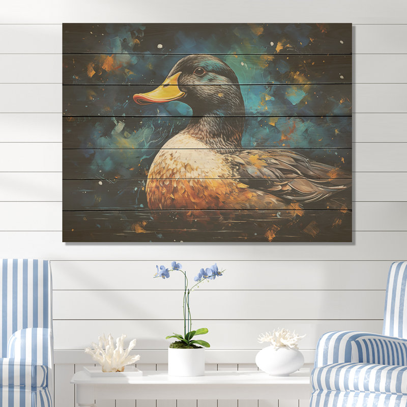 Canard bleu baroque élégance I - animal canard sur bois, H 24 po x l 32 po x P 0,78 po