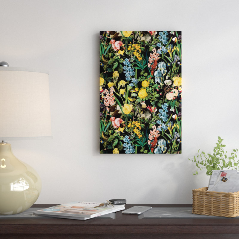 Impression sur toile tendue, "fleurs et oiseau" v, H 60 po x l 40po x P 1,5 po, Toile avec cadre noir, Blanc