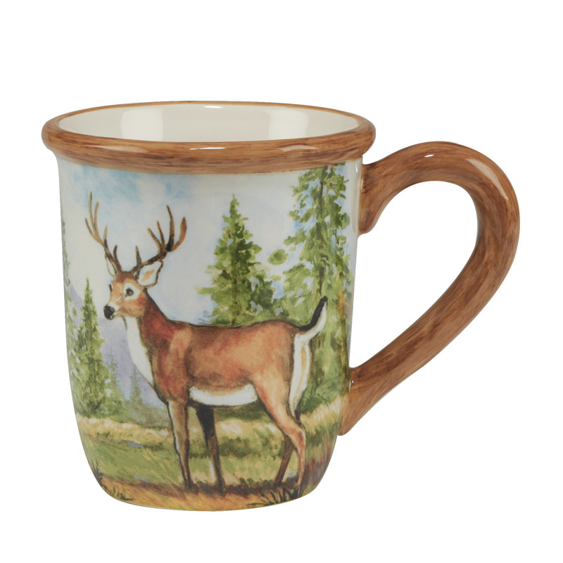 Rustic Wildlife Ceramic Mugs Set with Hand Painted Woodgrain Rims